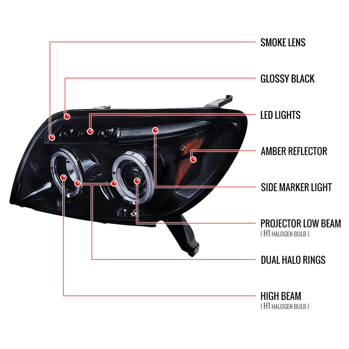 Spec-D 03-05 4Runner Halo LED Projector Headlights Black/Smoked