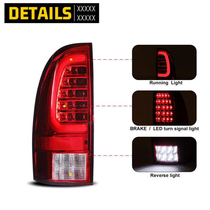 Winjet 2005-2015 Toyota Tacoma LED Sequential Tail Light w/Red Turn Signal - Chrome / Red