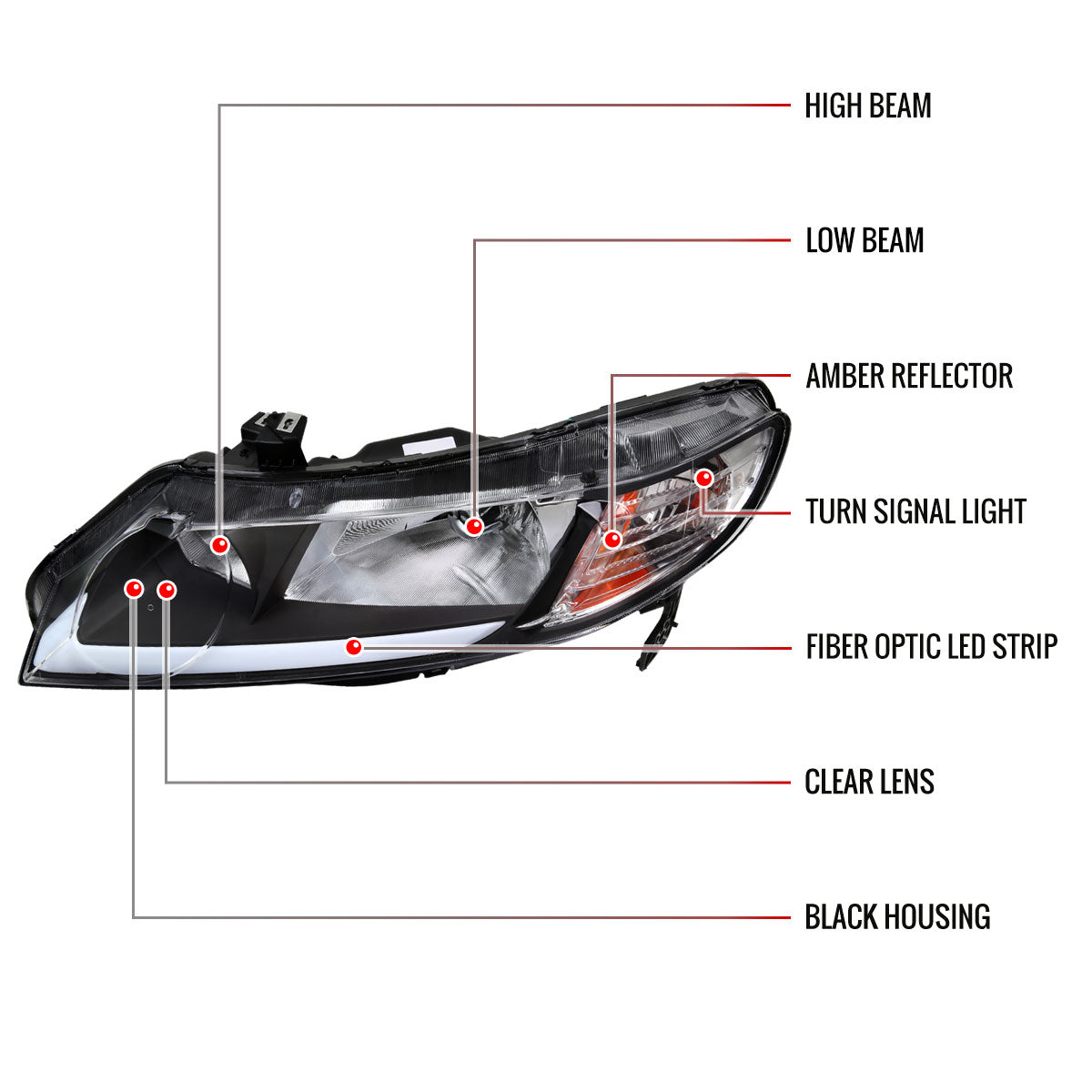 Spec-D 06-11 Honda Civic 4DR Headlights OEM Style LED Strip Black