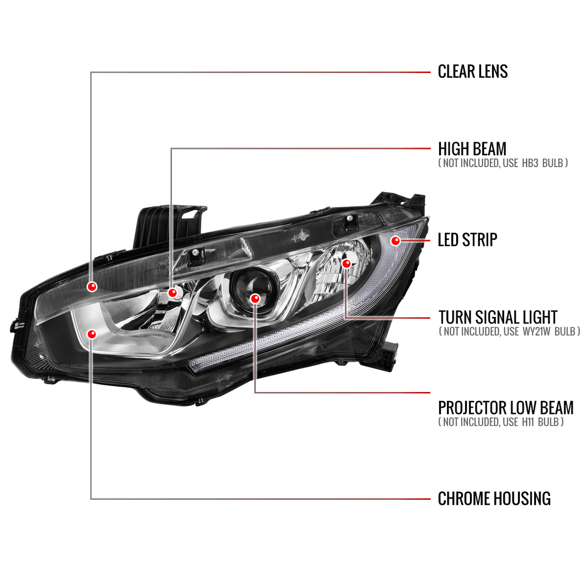 Spec-D 16-21 Honda Civic Projector Headlights OEM Style Chrome
