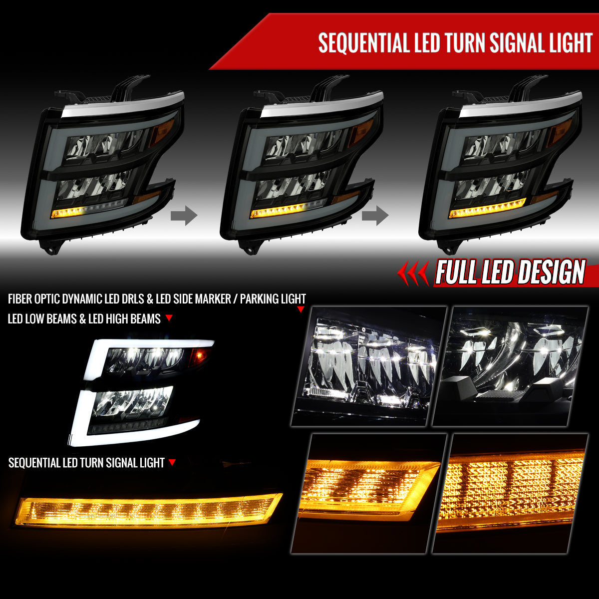 Spec-D 15-20 Chevy Tahoe Suburban Full DRL SEQ Headlights Black/Smoked