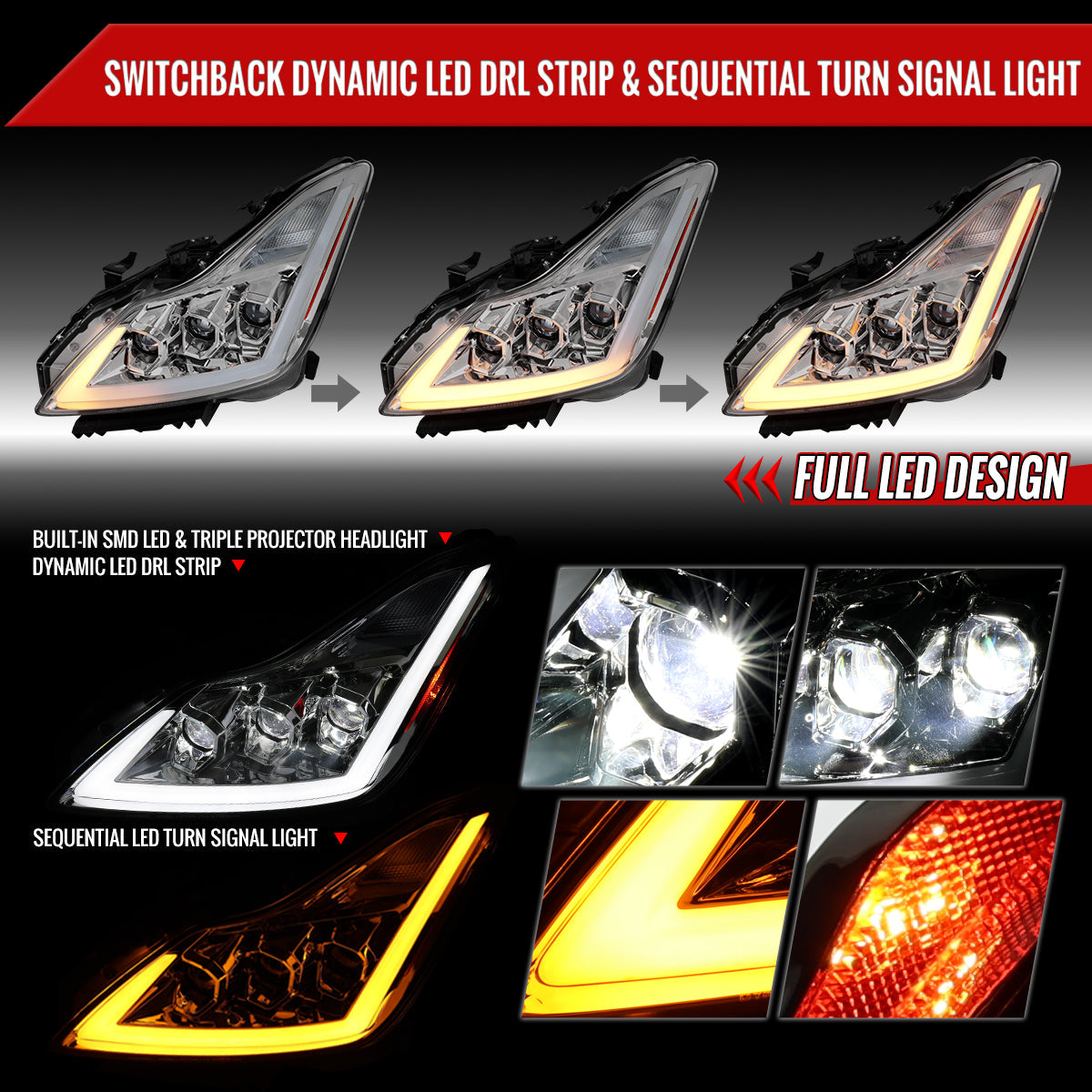 Spec-D 08-13 G37/14-15 Q60 2DR Triple Projector Headlights SEQ Clear