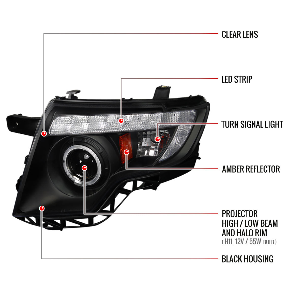 Spec-D 07-10 Ford Edge Halo Projector Headlights LED Strip Black