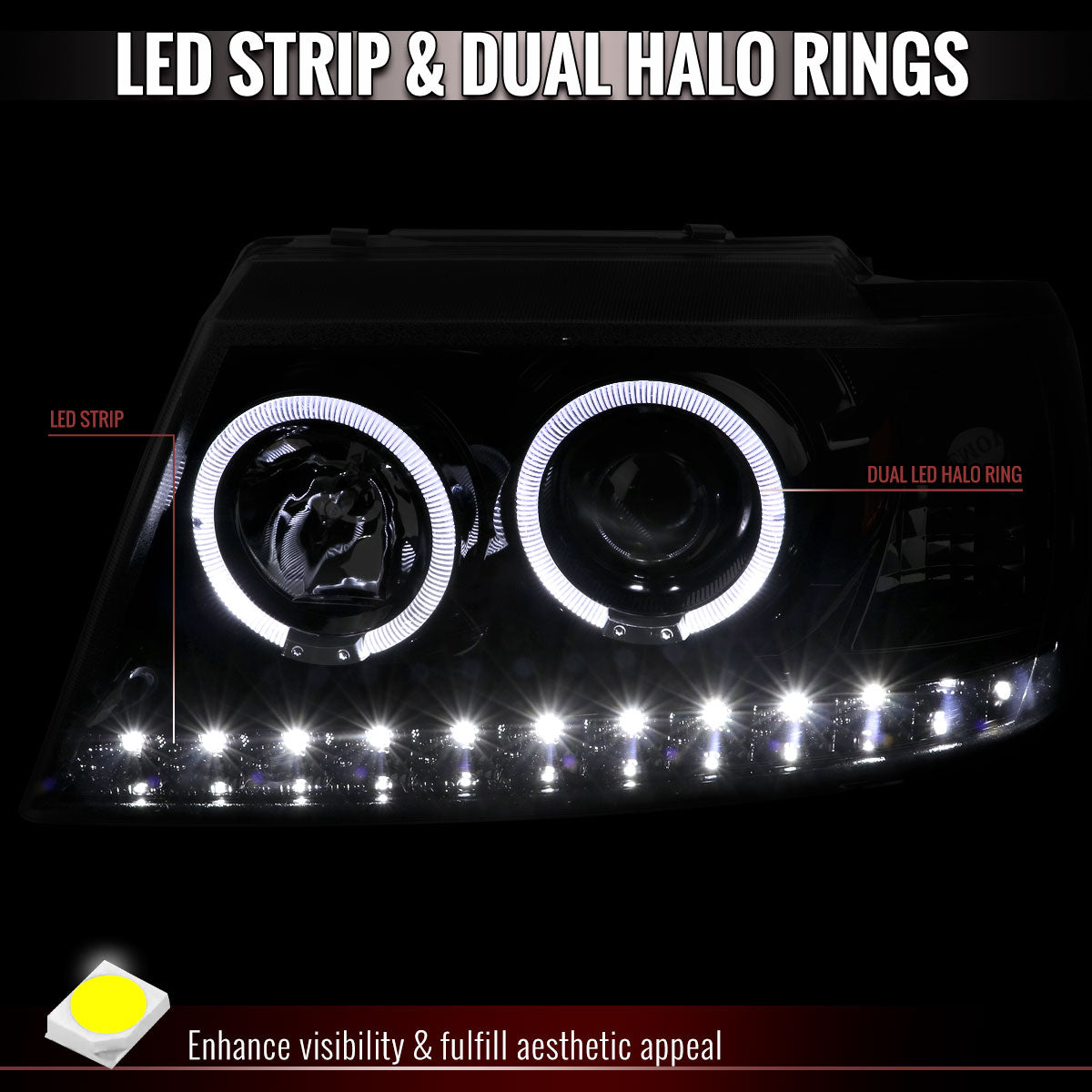 Spec-D 02-05 Ford Explorer Dual Halo Projector Headlights Strip Black