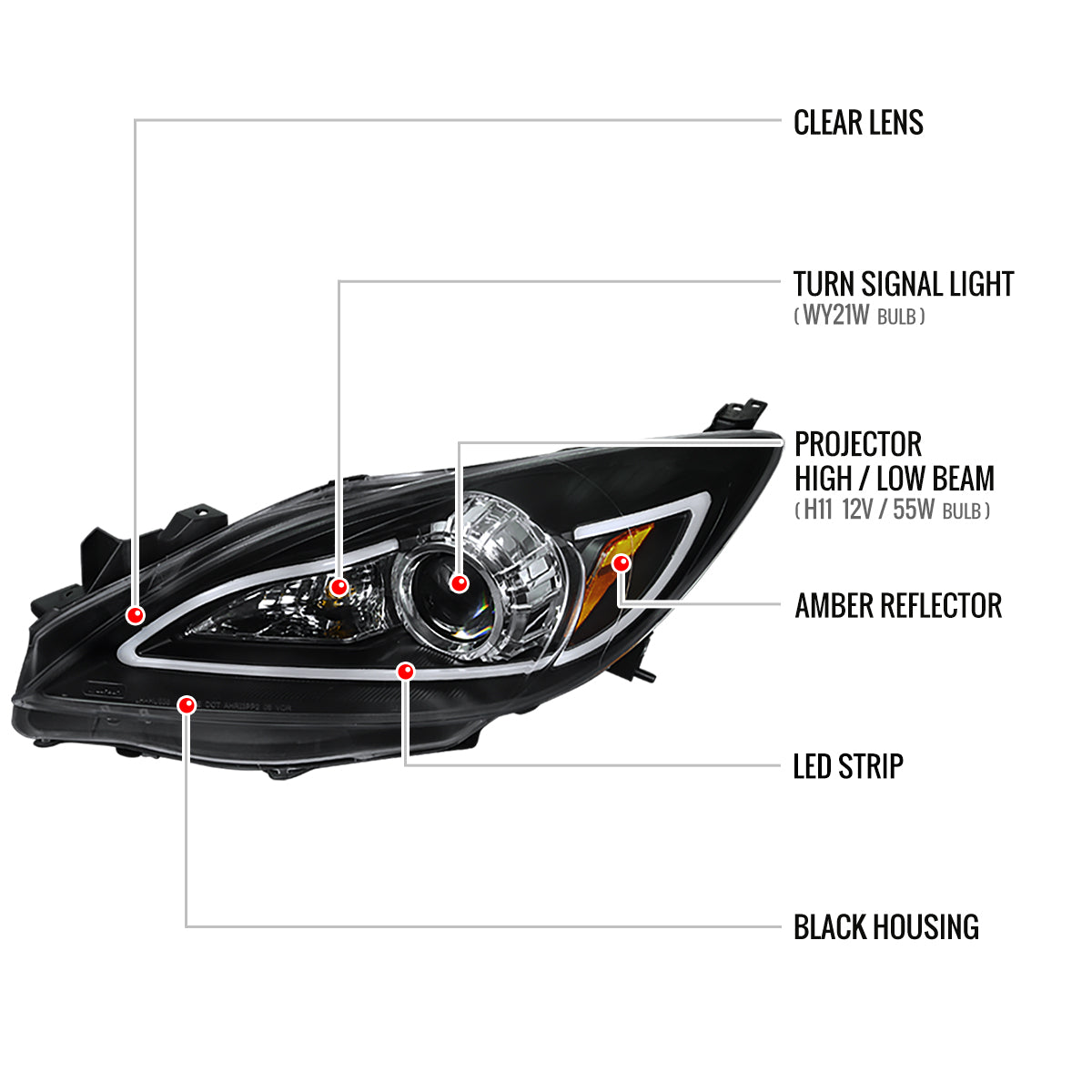 Spec-D 10-13 Mazda 3 Projector Headlights LED Strip Black MZ310JM