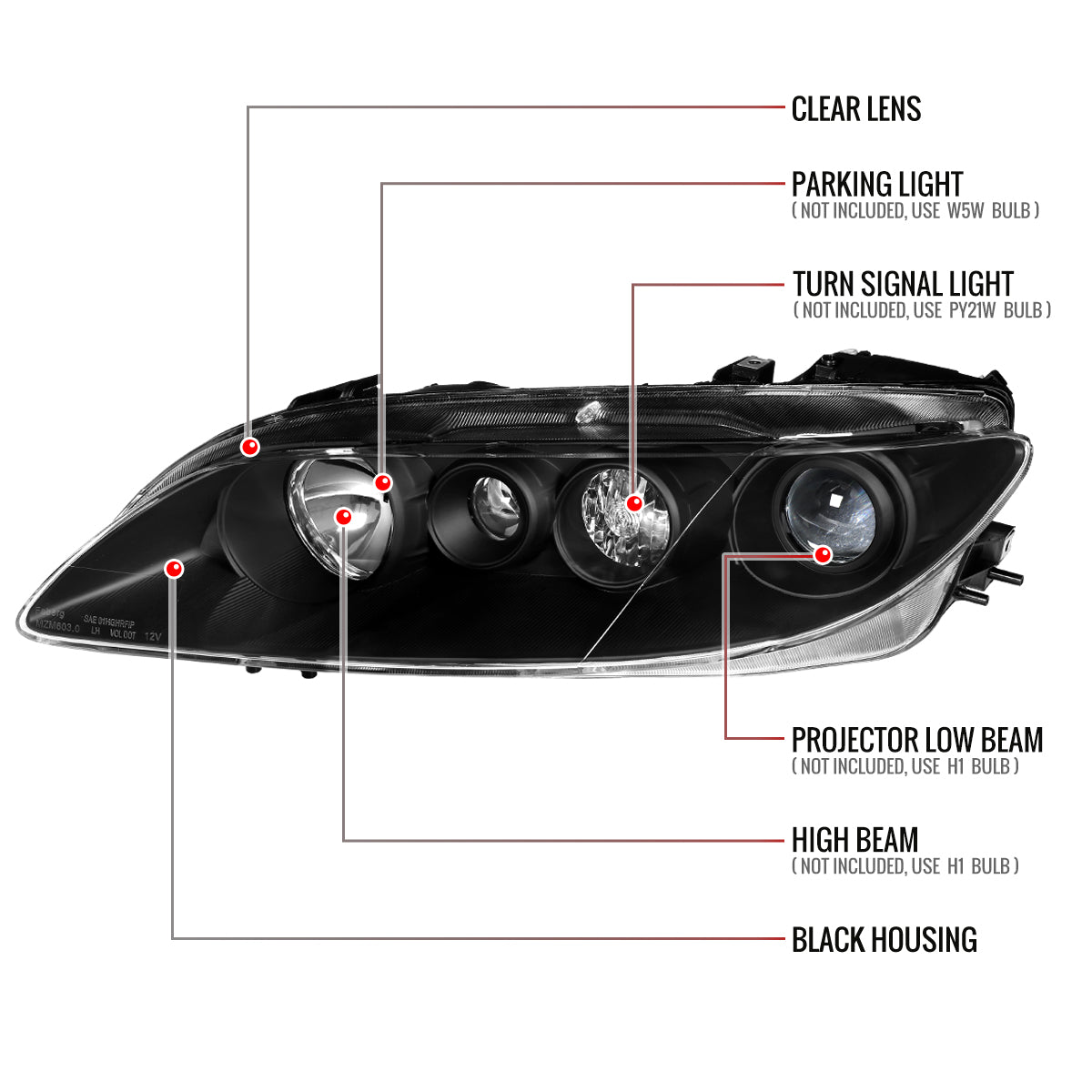 Spec-D 03-05 Mazda 6 Headlights OEM Style Projector Black