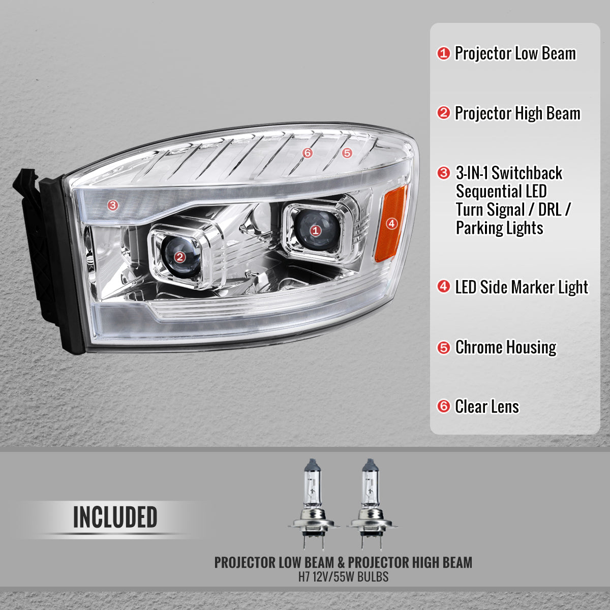 Spec-D 06-08 Ram 1500 2500 3500 SEQ Projector Headlights Chrome/Clear