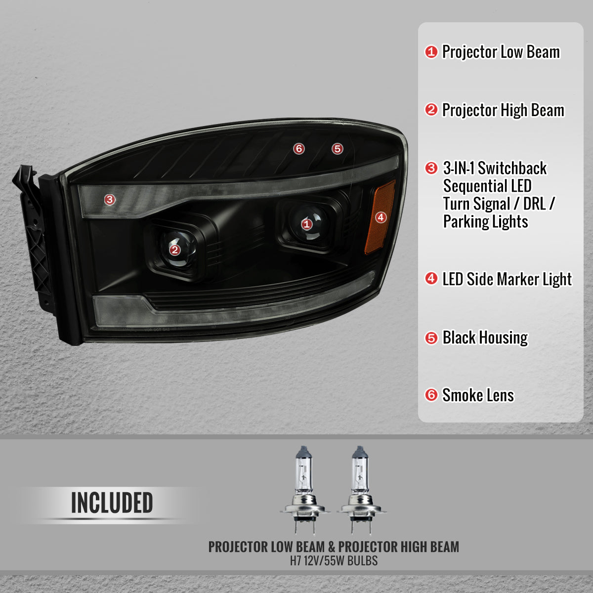 Spec-D 06-08 Ram 1500 Ram 2500 3500 SEQ Projector Headlights Smoked