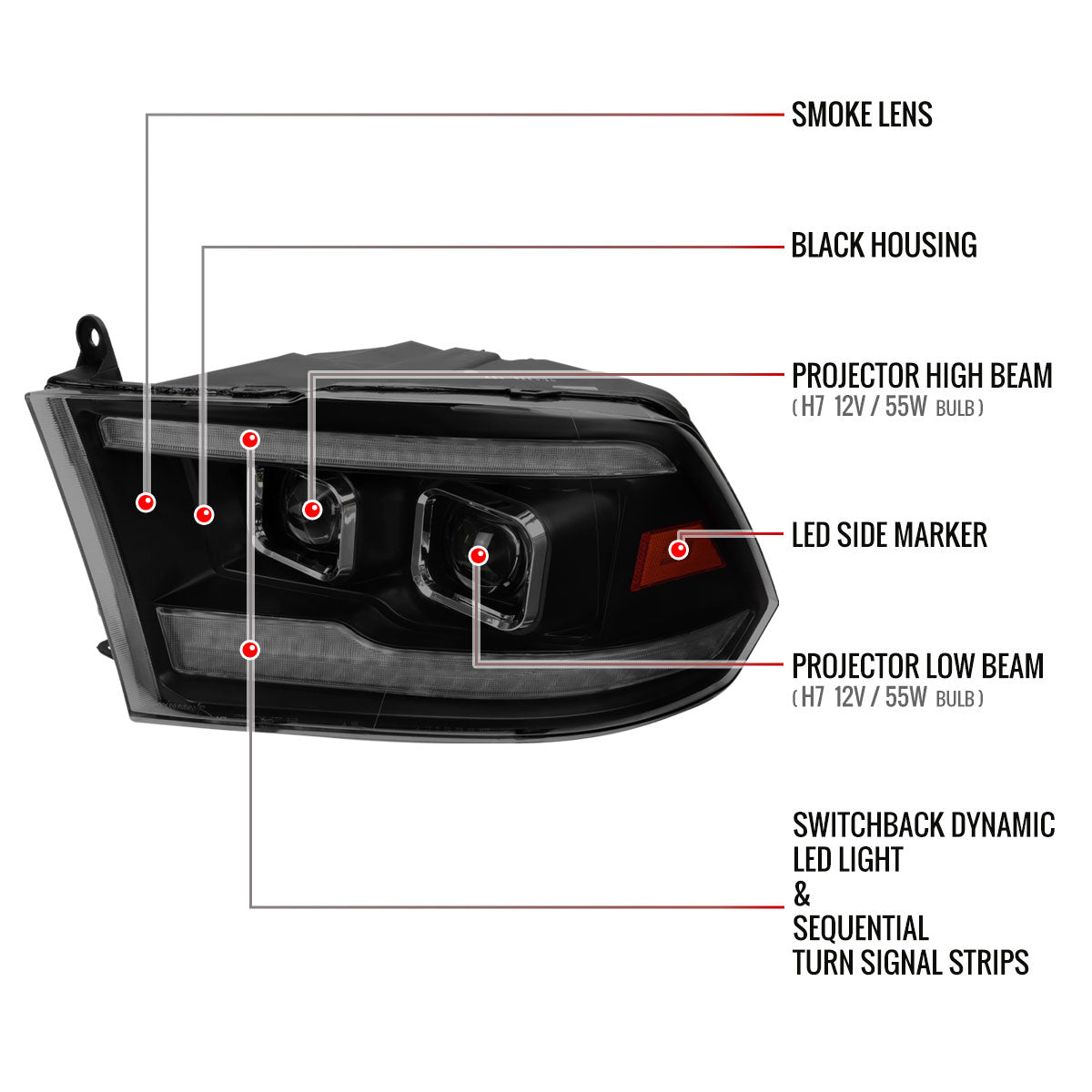 Spec-D 10-18 Ram 1500/2500/3500 Headlights Switchback Sequential Smoked.