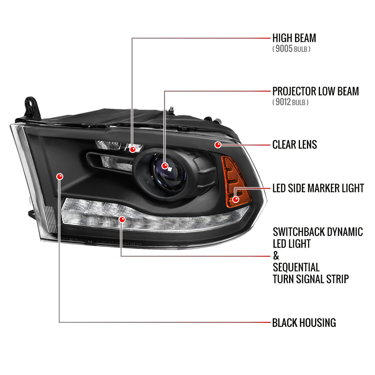 Spec-D 13-18 Ram 1500 2500 3500 SEQ Bar Projector Headlights Black