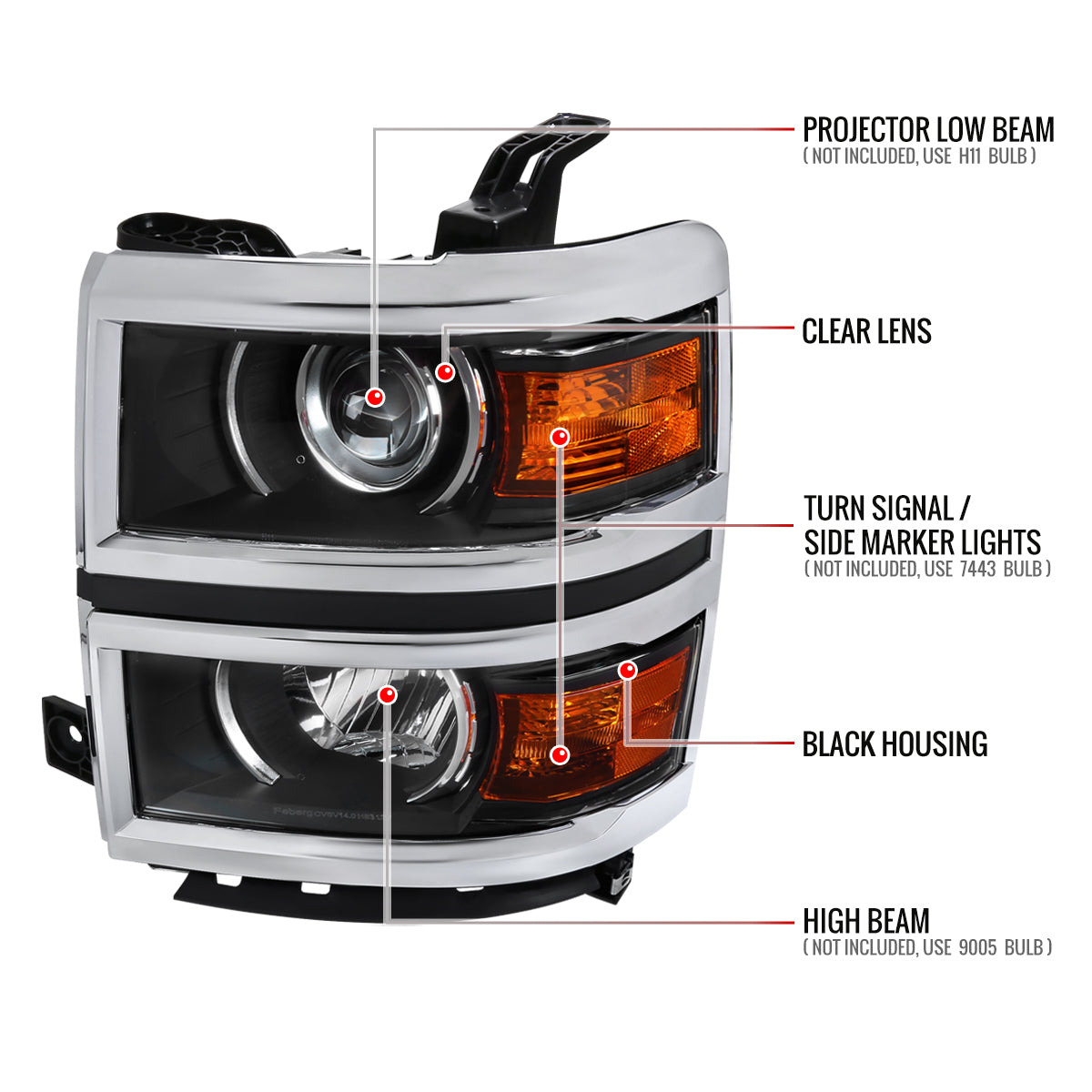 Spec-D 14-17 Silverado 1500 Headlights Matte Black/Chrome Trim