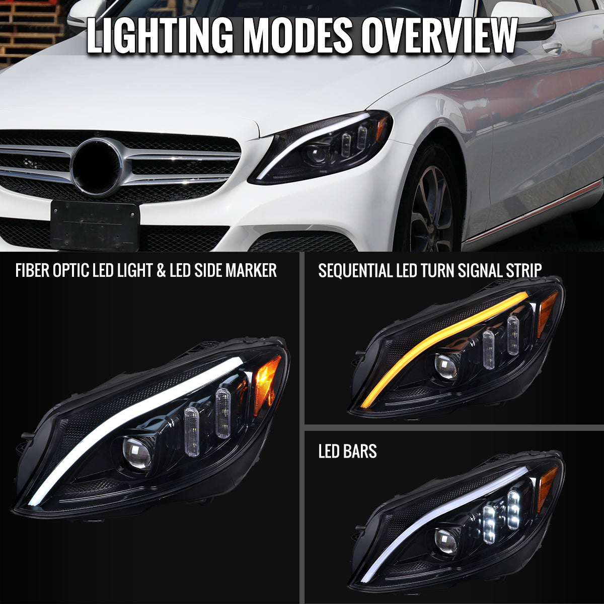 Spec-D 15-18 Mercedes C-Class W205 Sequential Headlights Black/Smoked
