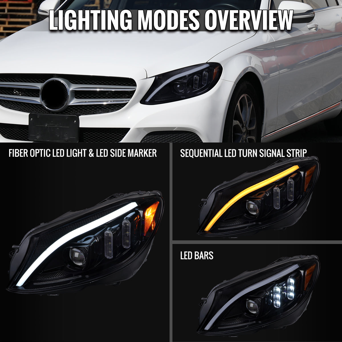 Spec-D 15-18 Mercedes C-Class W205 Sequential Headlights Black Smoked