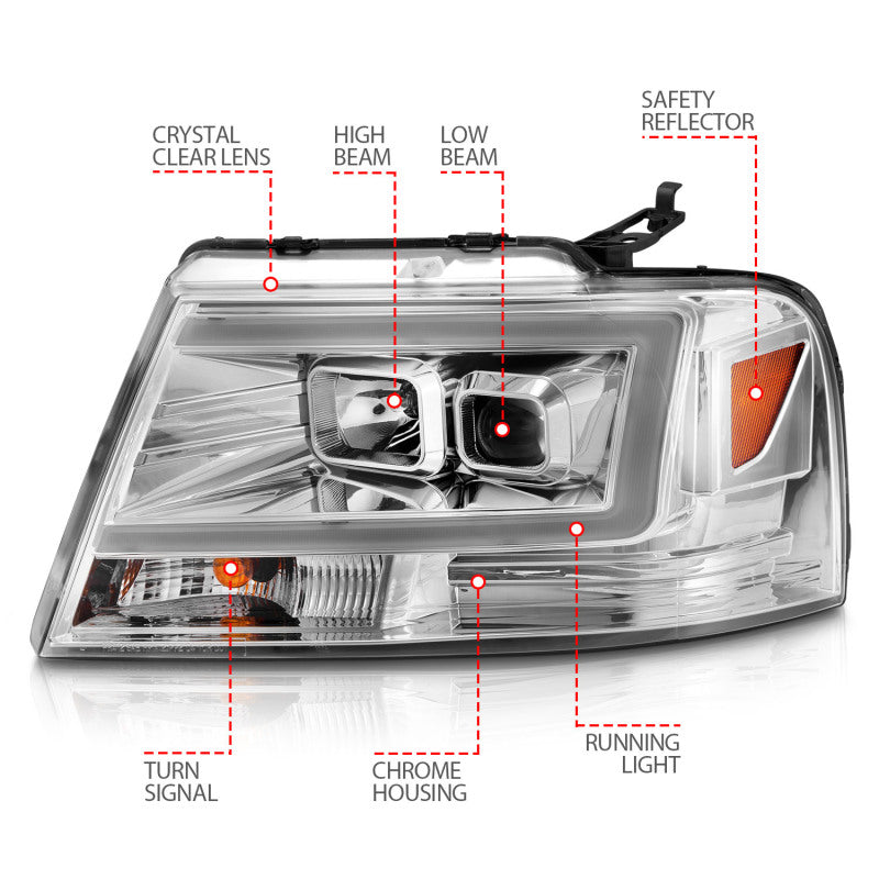ANZO 2004-2008 Ford F-150 Projector Headlights w/ Light Bar Chrome Housing 111542
