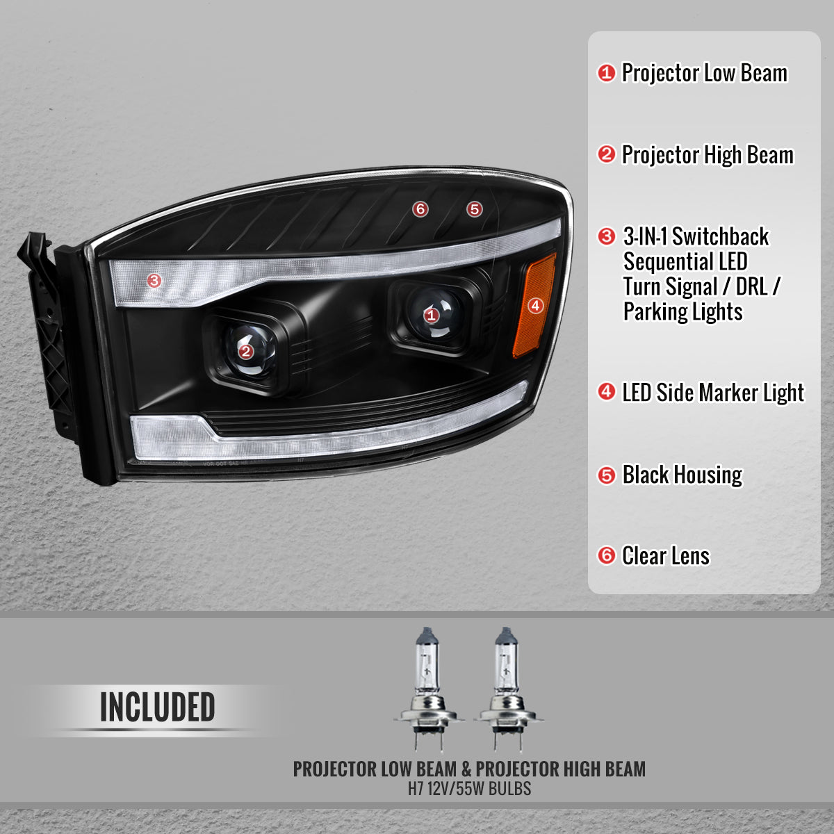 Spec-D 06-08 Dodge Ram 1500 2500 3500 Projector Led Headlight Black