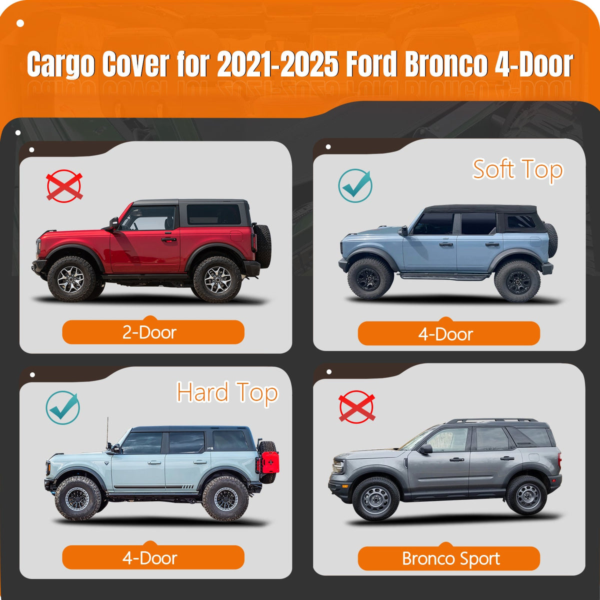 2021-2025 Ford Bronco 4-Door Black Retractable Rear Trunk Cargo Cover
