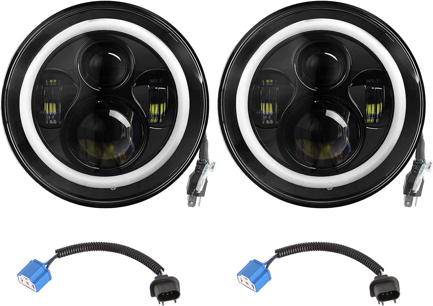 Moclever Round Halo LED Headlight 2pcs 7 Inch Headlights 6000 Lumens Offroad Light Angle Eyes Compatible With Jep Wrangler Tj Jk Cj H4 To H13 Adapter Plug And Play