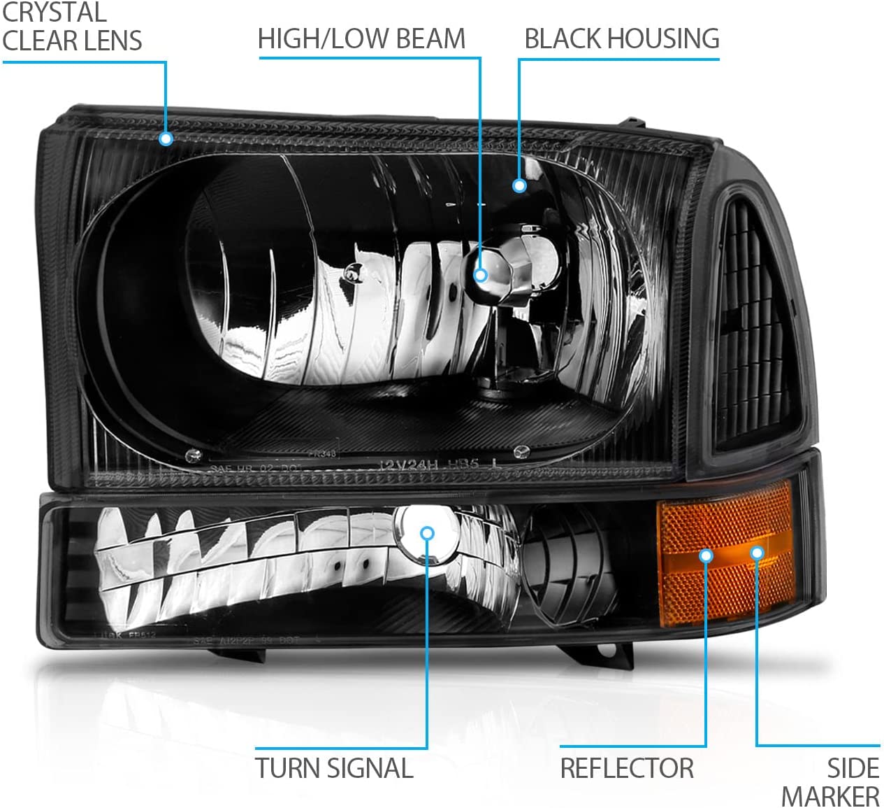 Amerilite For Ford Super Duty F250 F350 F450 F550 Excursion Chrome Factory Style Replacement Headlights Wbumper Corner Set Passenger And Driver Side