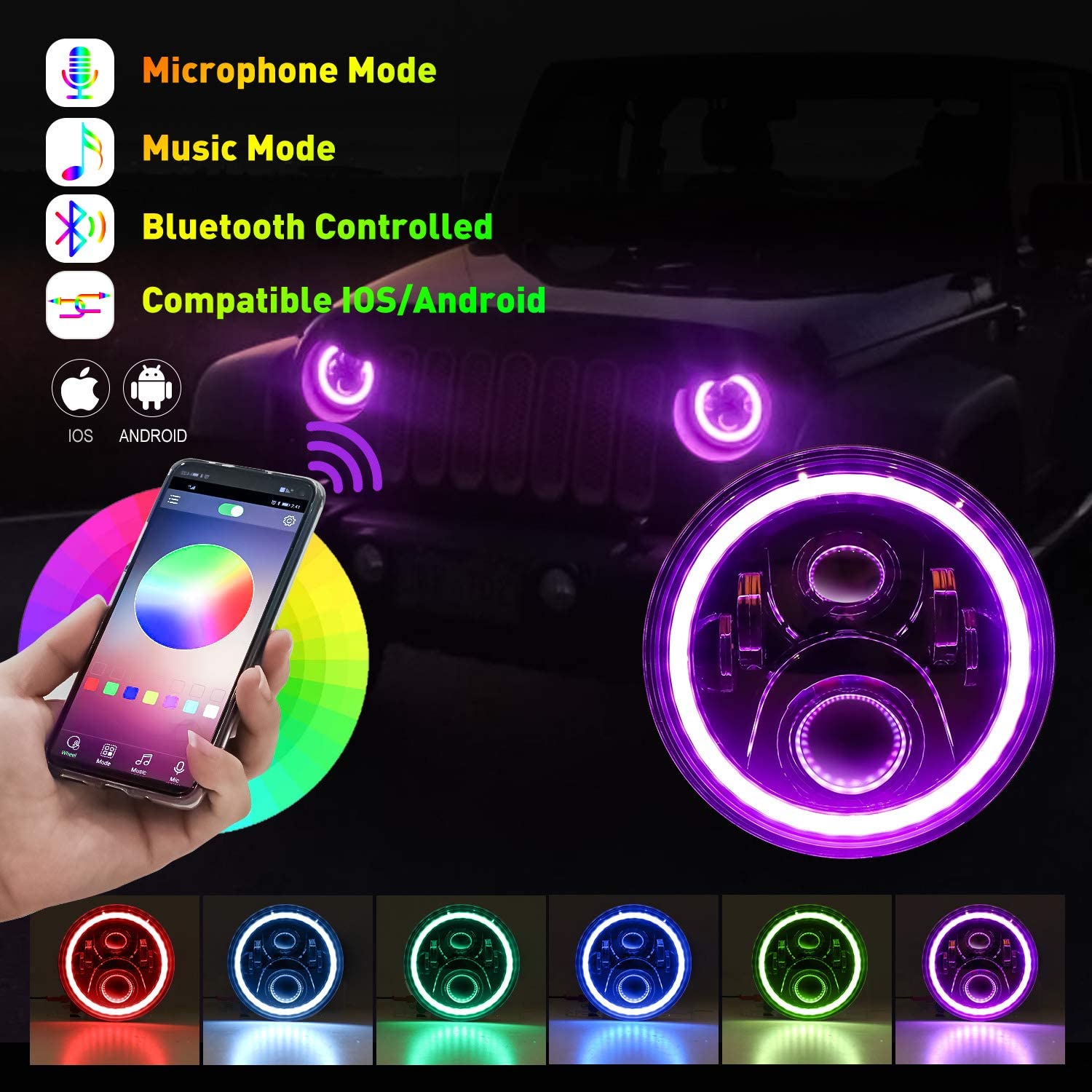 1997-2018 Jeep Wrangler 7 Inch RGB Halo Headlights And Fog Lights Bluetooth Color Control Dot Kits For 19972018 Jk Jku Tj Ljw Ring Drl Amber Turn Signalhilo Beam Multicolor