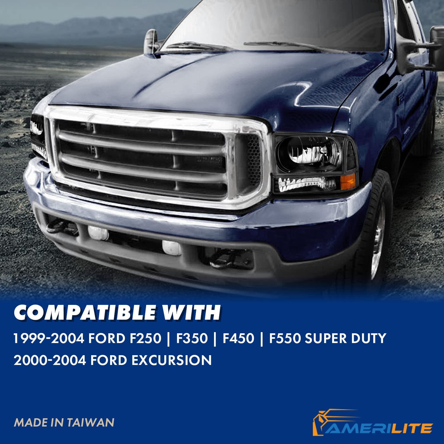 Amerilite For Ford Super Duty F250 F350 F450 F550 Excursion Chrome Factory Style Replacement Headlights Wbumper Corner Set Passenger And Driver Side