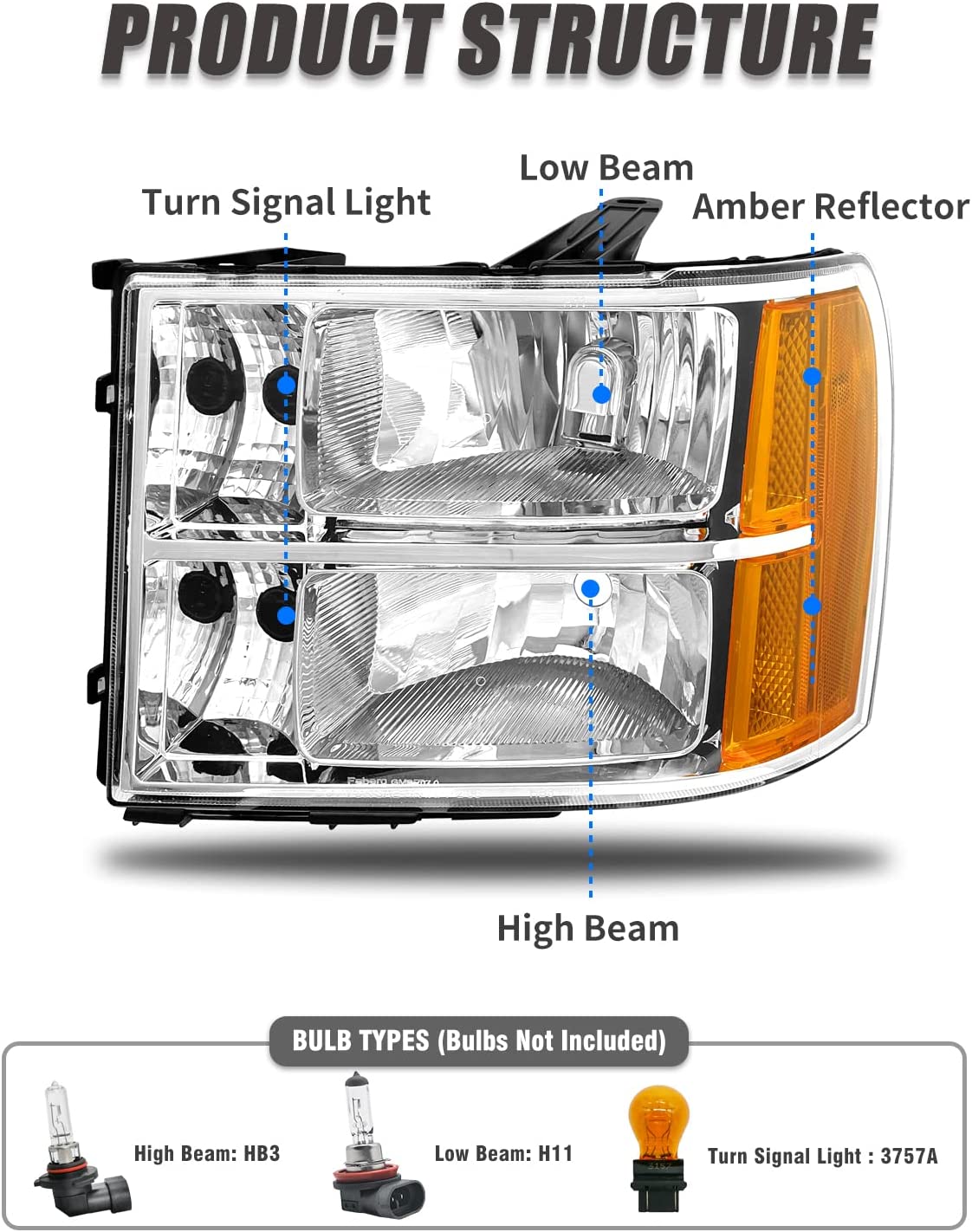 Adcarlights 20072014 Sierra Headlight Assembly Compatible With Gmc 1500 0714 2500hd 3500hd Chrome Housing Amber Reflector Replacement Left And Right
