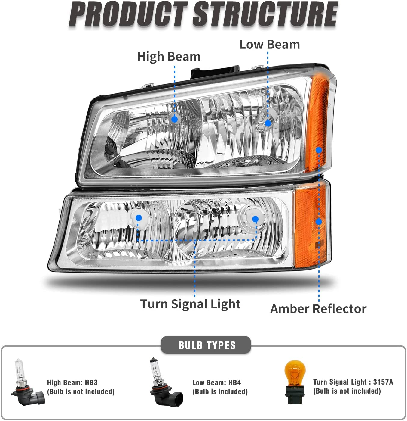 Adcarlights 20032006 Silverado Headlight Assembly For Chevy Avalanche 150025003500 Clear Chrome Lens With Amber Reflector Replacement Left And Right