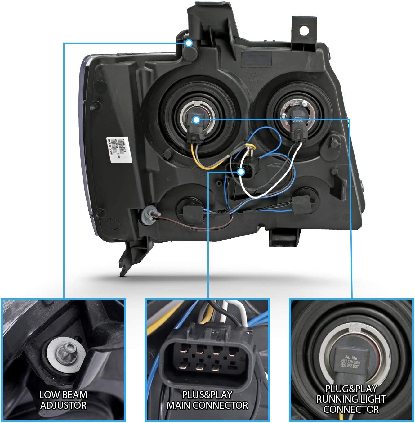 Amerilite Black Replacement Headlights For Chevy Tahoe Suburban Avalanche Pair Driver And Passenger Side Housing