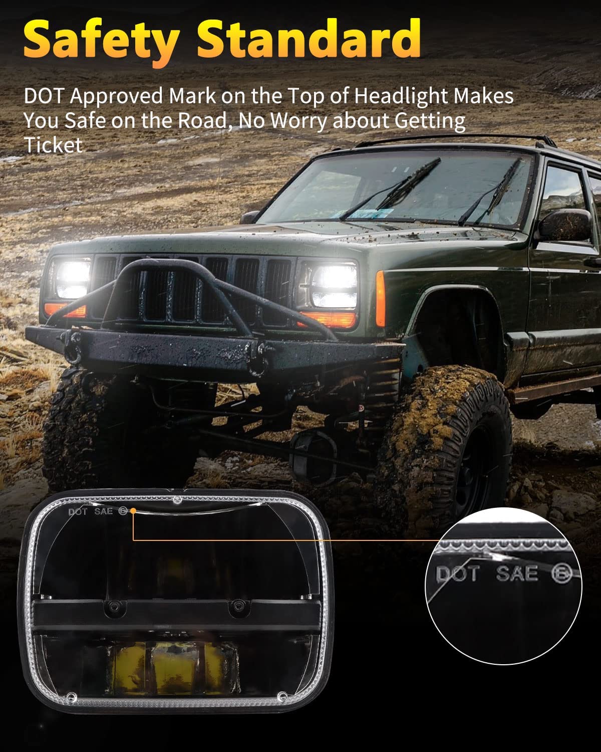 1 Pair 105W 5x7" / 6x7" Rectangular Headlights Compatible with 1997-2010 Jeep Wrangler YJ Cherokee XJ Kenworth T300 Replacement H6054 H6054LL 69822 6052 6053 (2PCS)