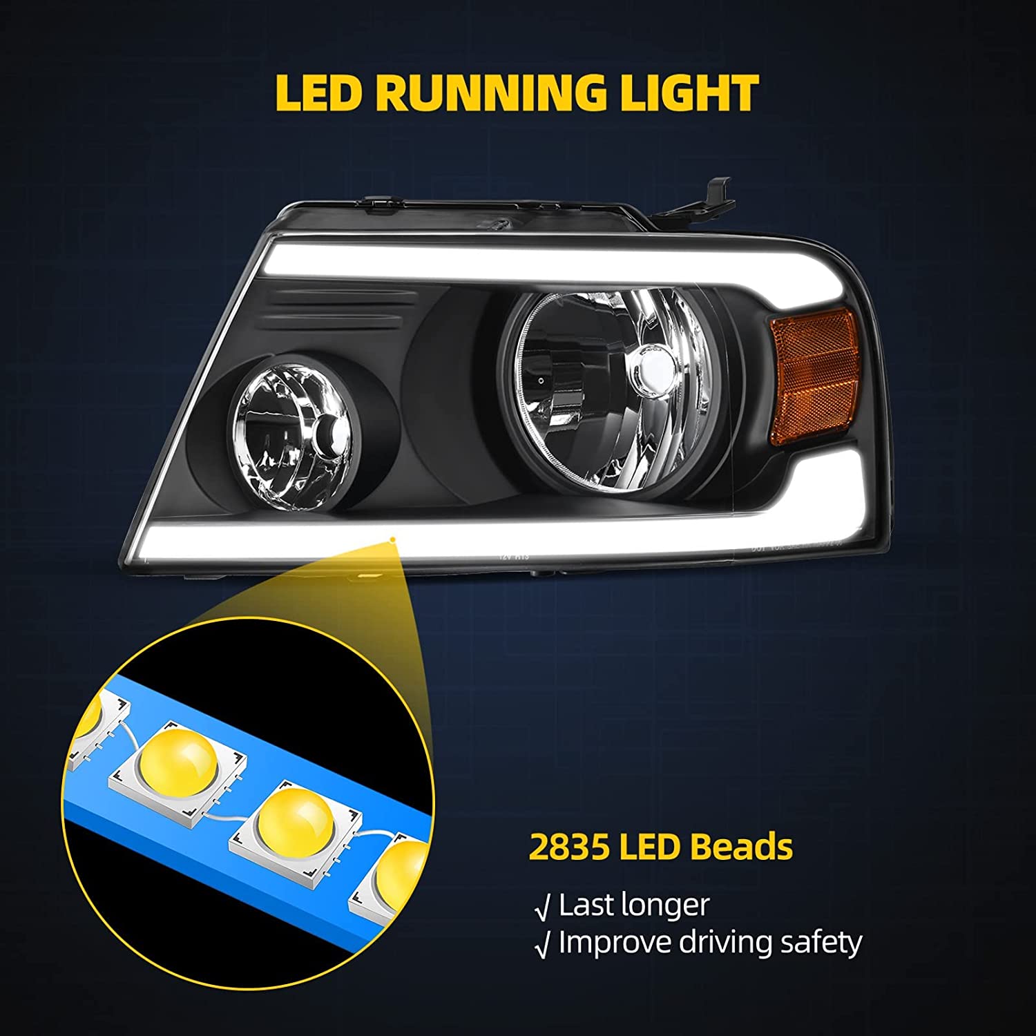 2004-2008 Ford F150 Switchback Turn Signal Headlights With Black Housing