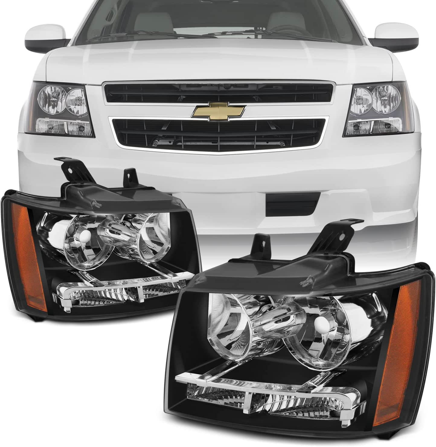 Akkon For 0713 Suburban Tahoe Avalanche Chrome Clear Headlights Direct Replacement Left Right