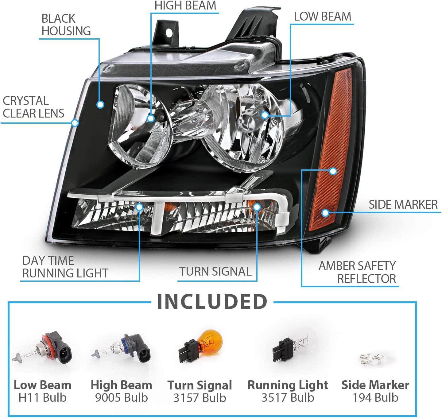 Amerilite Black Replacement Headlights For Chevy Tahoe Suburban Avalanche Pair Driver And Passenger Side Housing