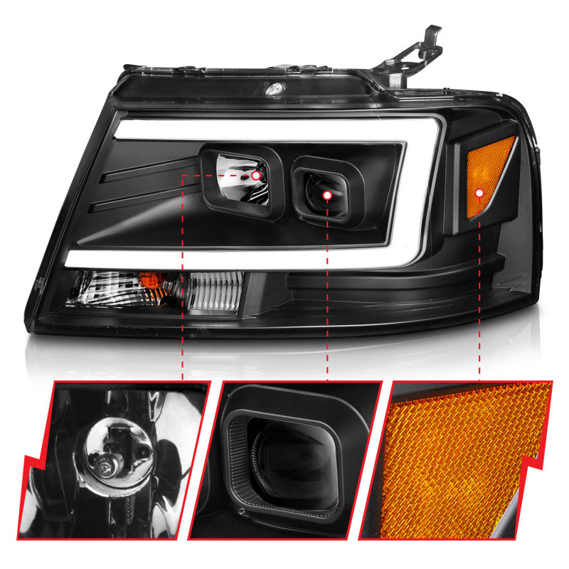 ANZO 2004-2008 Ford F-150 Projector Headlights w/ Light Bar Black Housing 111541