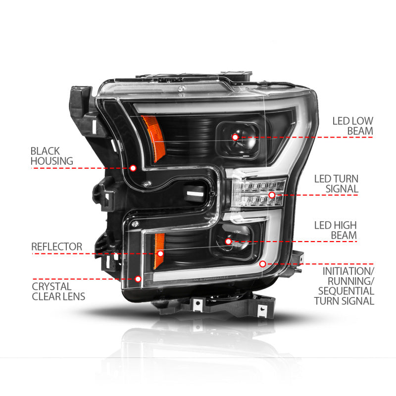 ANZO 15-17 Ford F-150 (Factory Halogen Model ONLY) Full LED Proj Headlights Init/SeqSig Black- Pair 111630A