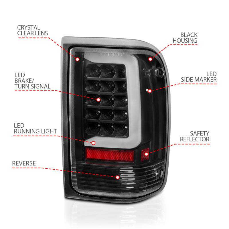 ANZO 1993-1997 Ford Ranger LED Tail Lights w/ Light Bar Black Housing Clear Lens 311359