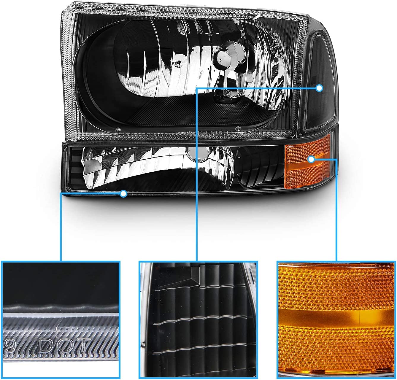 Amerilite For Ford Super Duty F250 F350 F450 F550 Excursion Chrome Factory Style Replacement Headlights Wbumper Corner Set Passenger And Driver Side