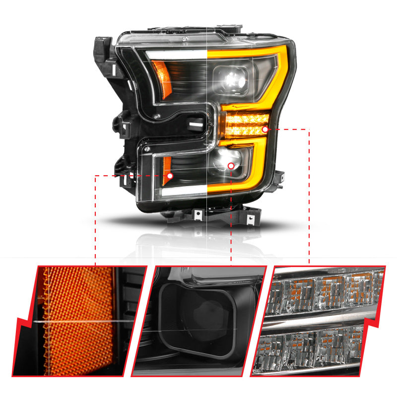 ANZO 15-17 Ford F-150 (Factory Halogen Model ONLY) Full LED Proj Headlights Init/SeqSig Black- Pair 111630A
