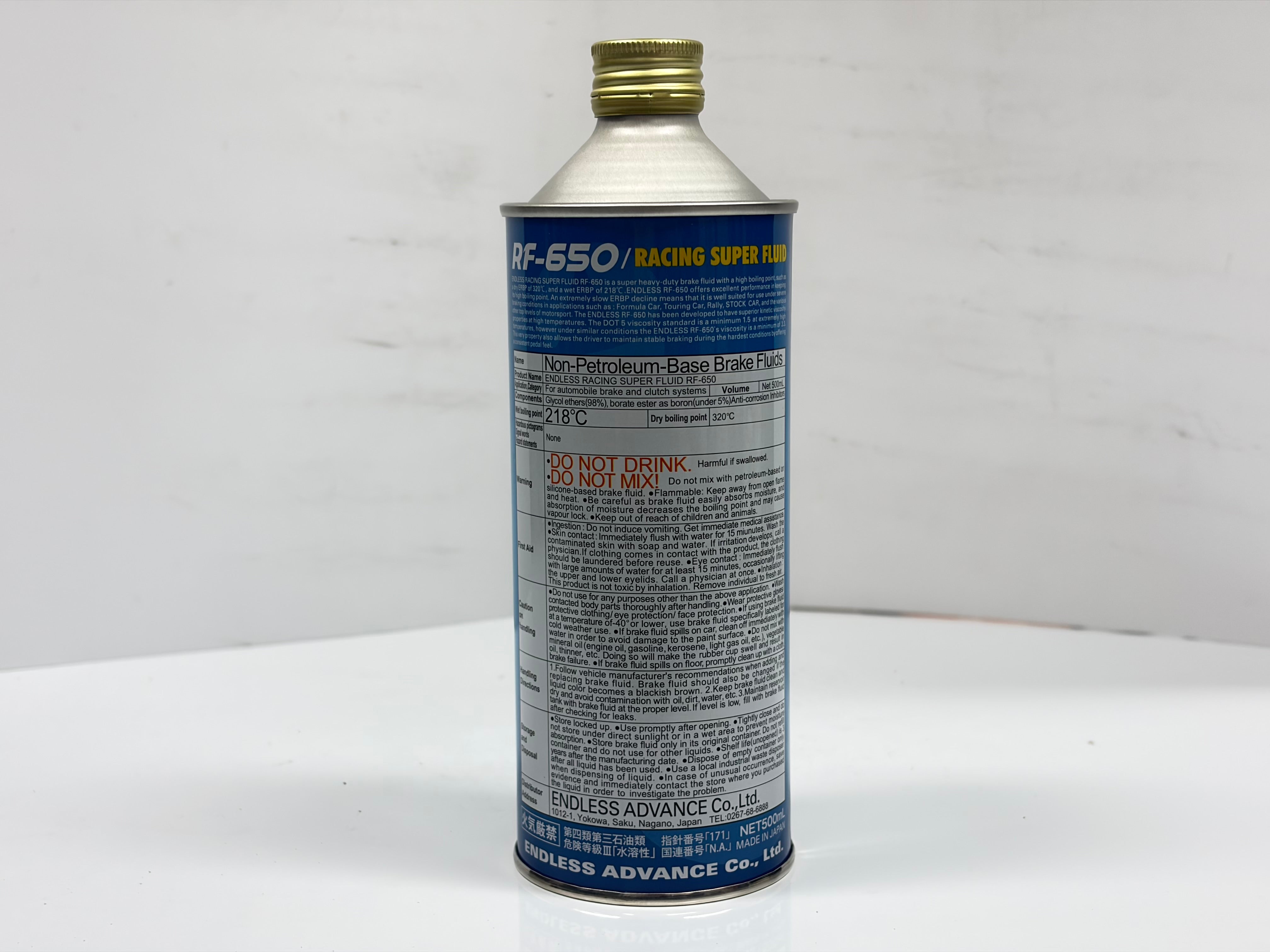 Endless RF‑650 Racing Brake Fluid 500 mL - 613°F Dry Boiling Point, Motorsport Grade RF650