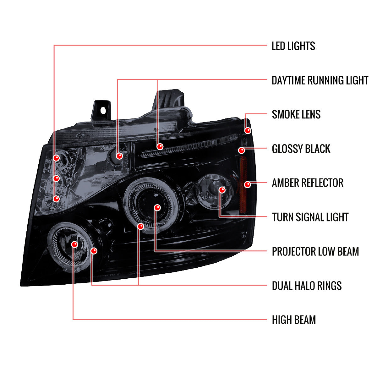 Spec-D 07-13 Avalanche/Tahoe Halo Projector Headlights Smoked