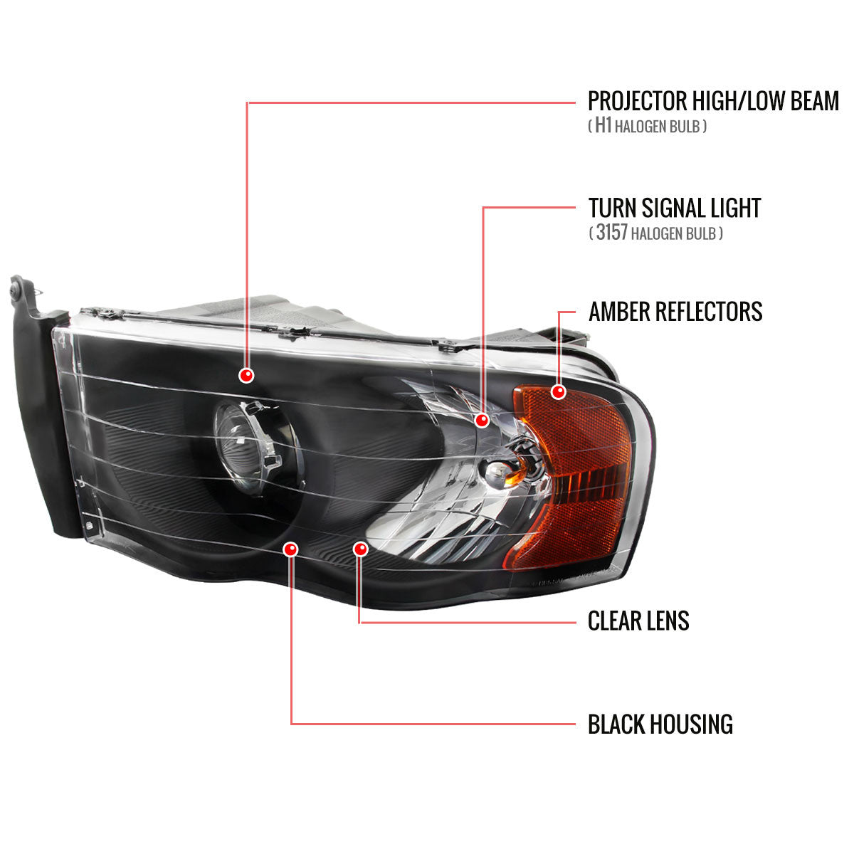 Spec-D 02-05 Dodge Ram 1500 2500 3500 Headlights Black/Amber