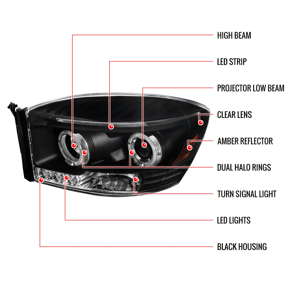 Spec-D 06-08 Dodge Ram Halo LED Projector Headlights Black