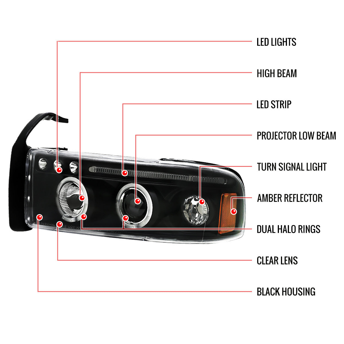 Spec-D 94-01 Ram 1500/2500/3500 Halo Projector Headlights Black/Clear