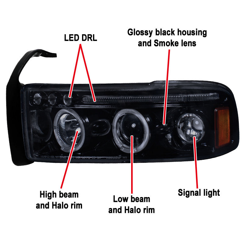 Spec-D 94-01 Dodge Ram 1500 2500 3500 Headlights Dual Halo Smoked