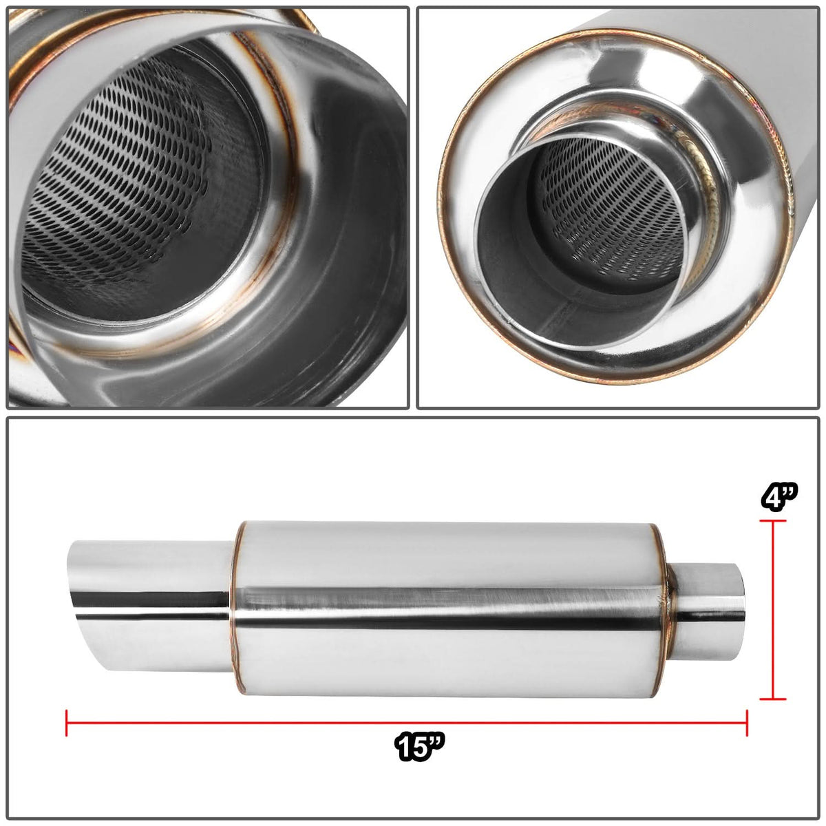 3.0" Tip 2.25" Inlet Straight Cut Polished Muffler 14.7" Total Length