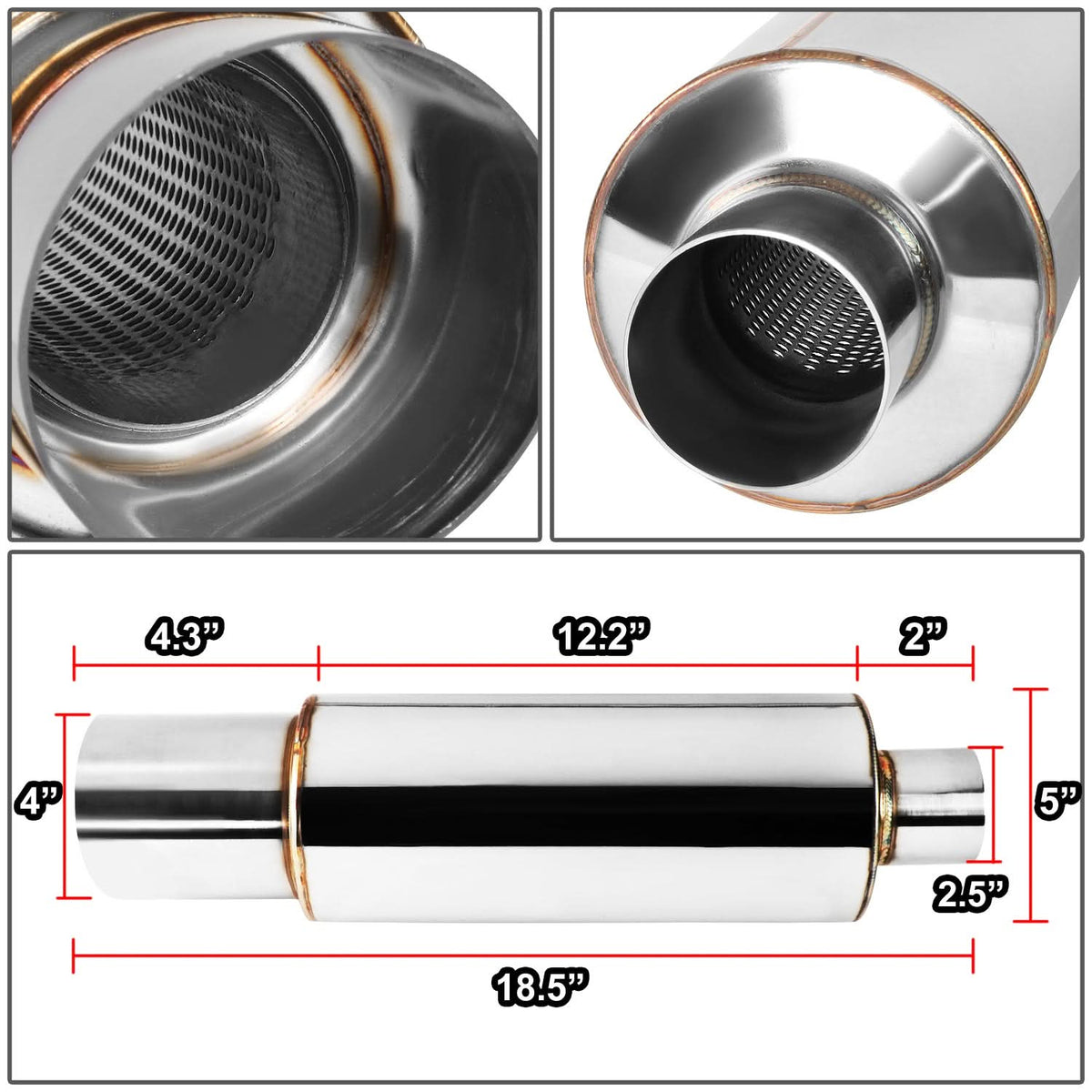 Universal Round Exhaust Muffler - 4.0" Tip, 2.5" Inlet, 18.5" Total Length