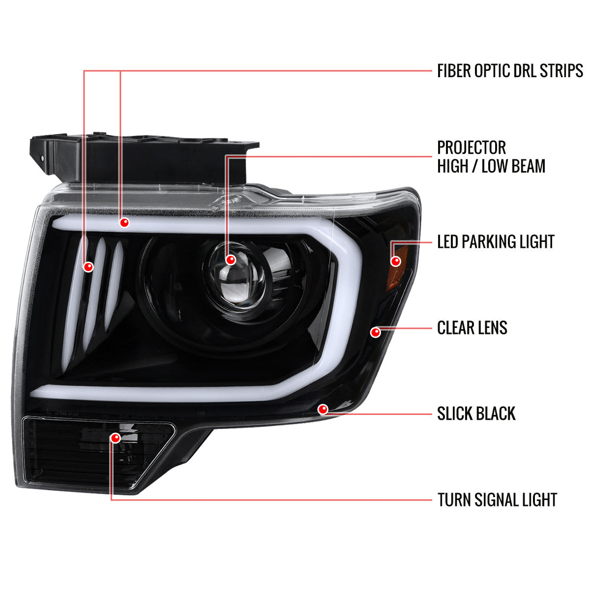 Spec-D 09-14 Ford F150 Projector Headlights LED Bar Black/Clear