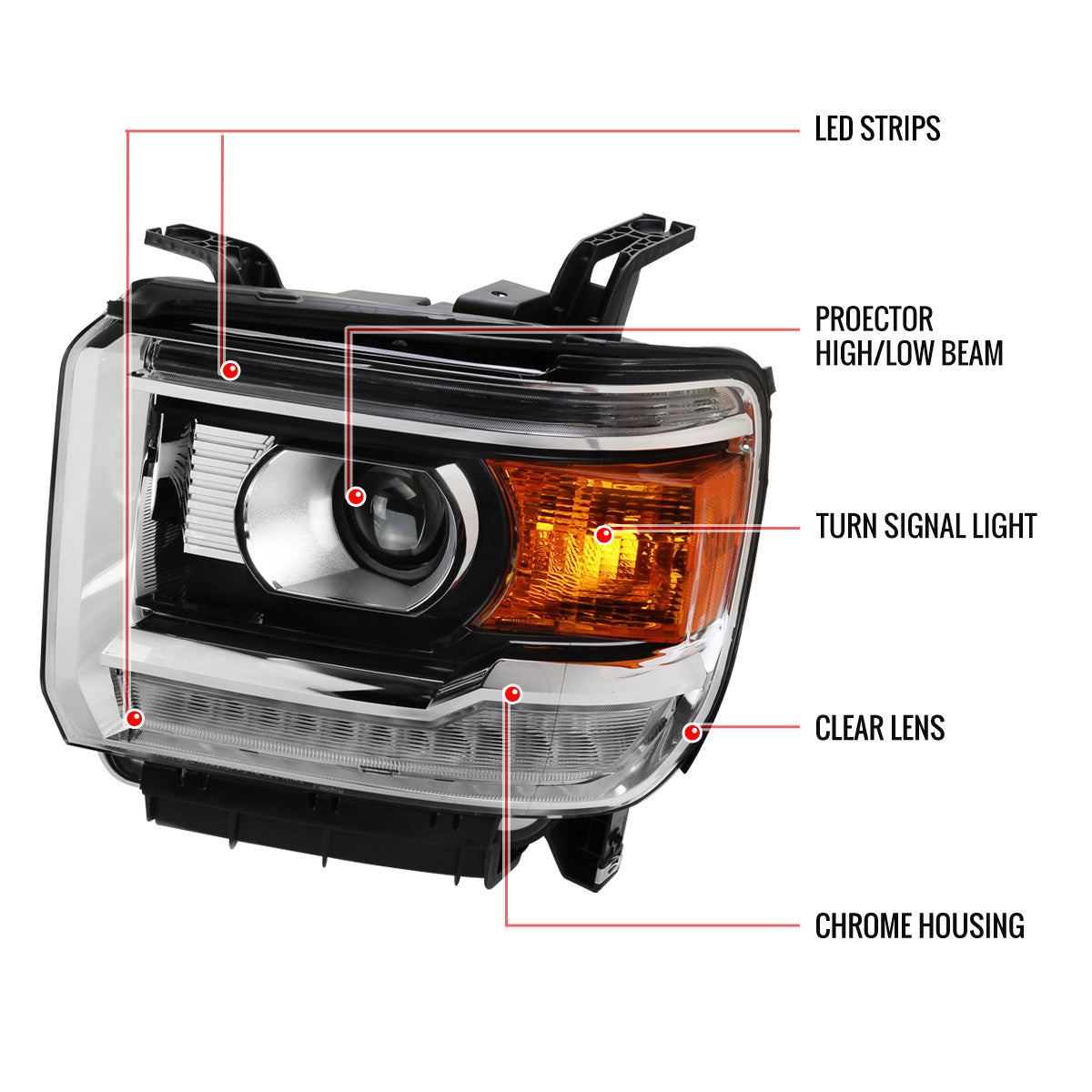 Spec-D 14-19 GMC Sierra Projector Headlights LED Strip Chrome
