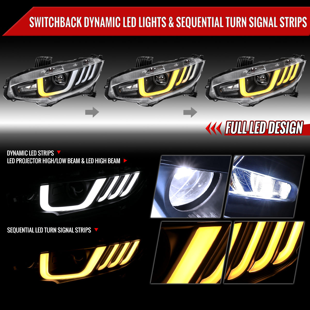 Spec-D 16-21 Honda Civic Full LED Projector Headlights SEQ Black