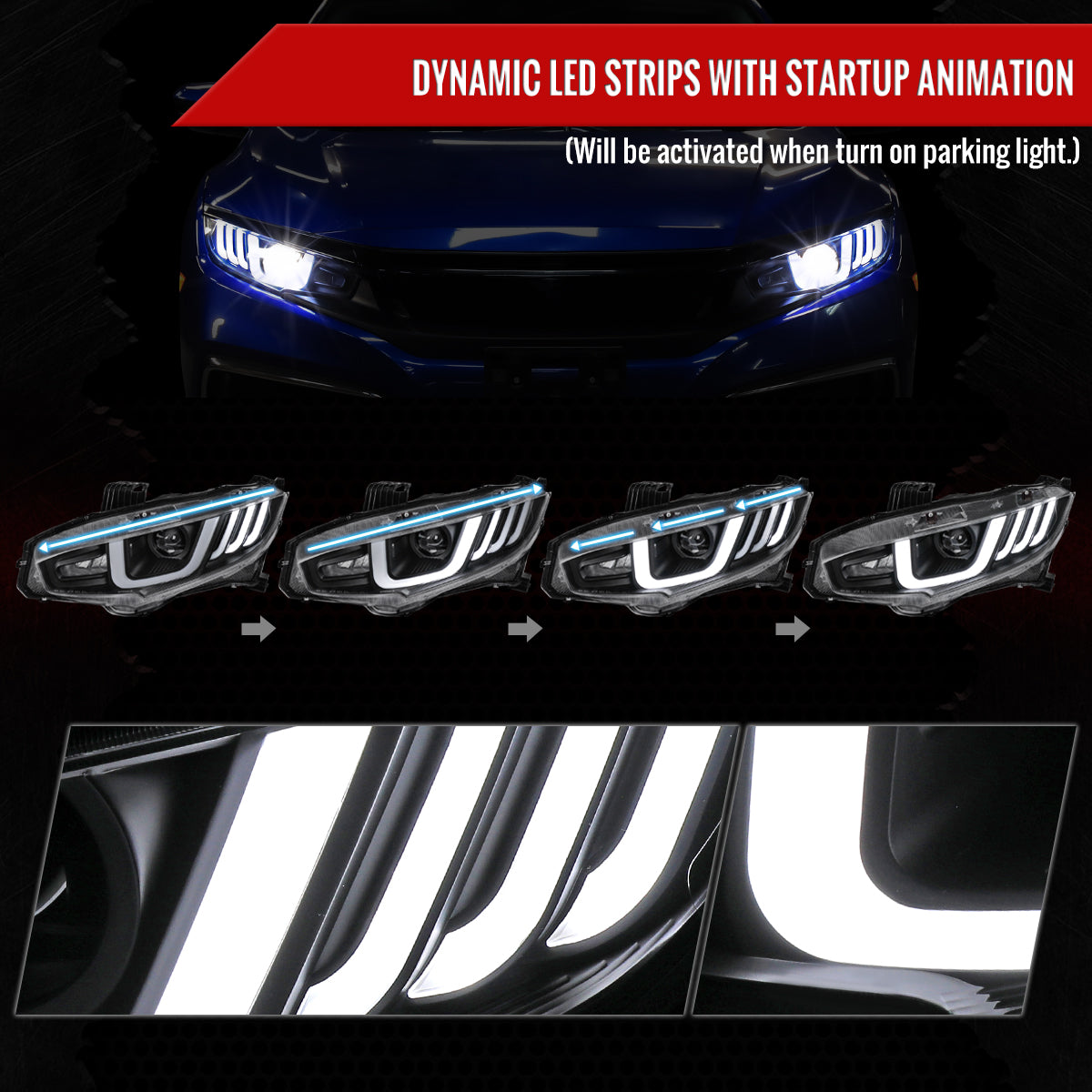 Spec-D 16-21 Honda Civic Full LED Projector Headlights SEQ Black