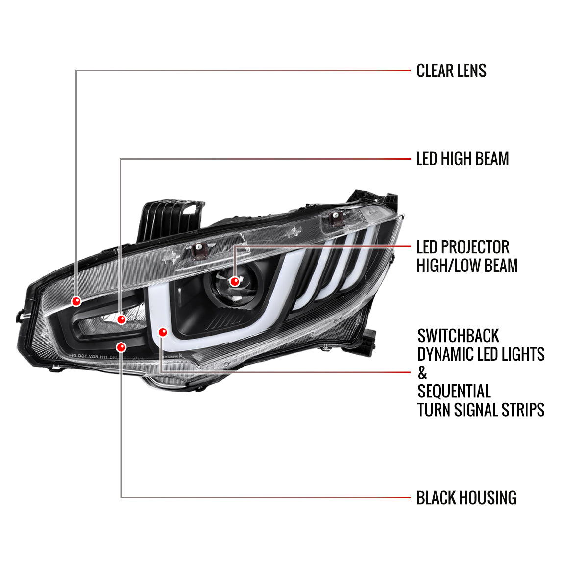 Spec-D 16-21 Honda Civic Full LED Projector Headlights SEQ Black