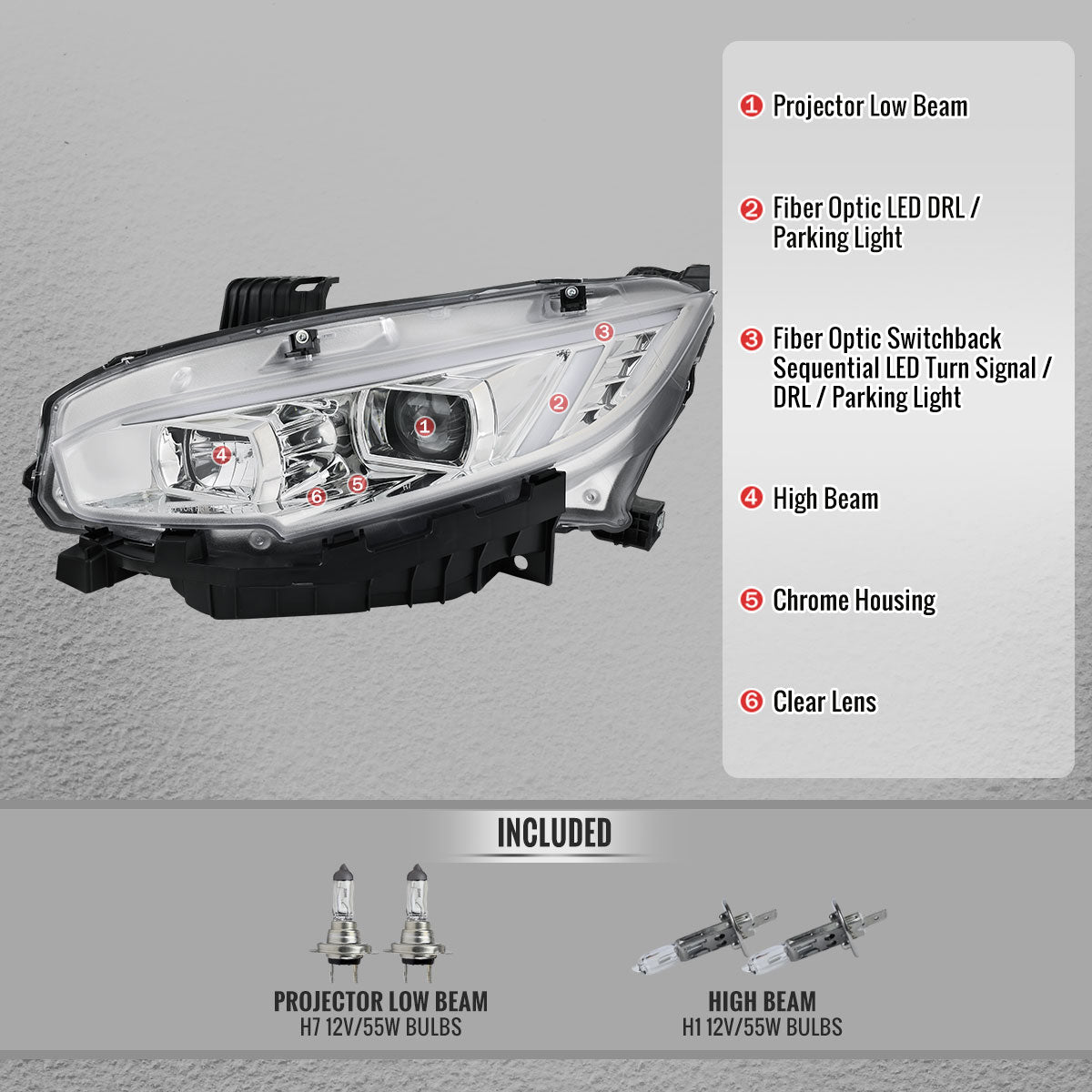 Spec-D 16-23 Toyota Tacoma Passenger Projector Headlight Chrome